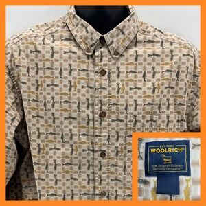 Woolrich Mens Button Up Shirt Fish‎ Print Outdoorsman Casual Long Sleeve